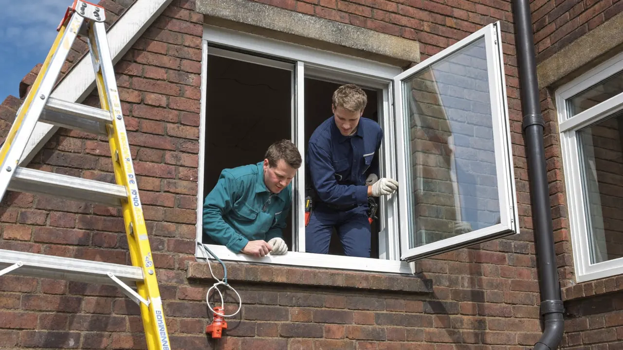 Two installers fitting a new white window into a brick house