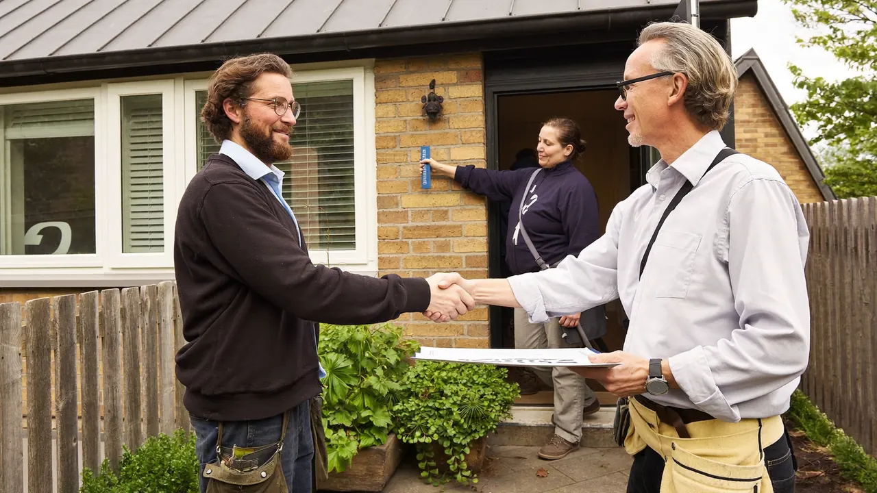 Homeowner and installer shaking hands over an agreed quote