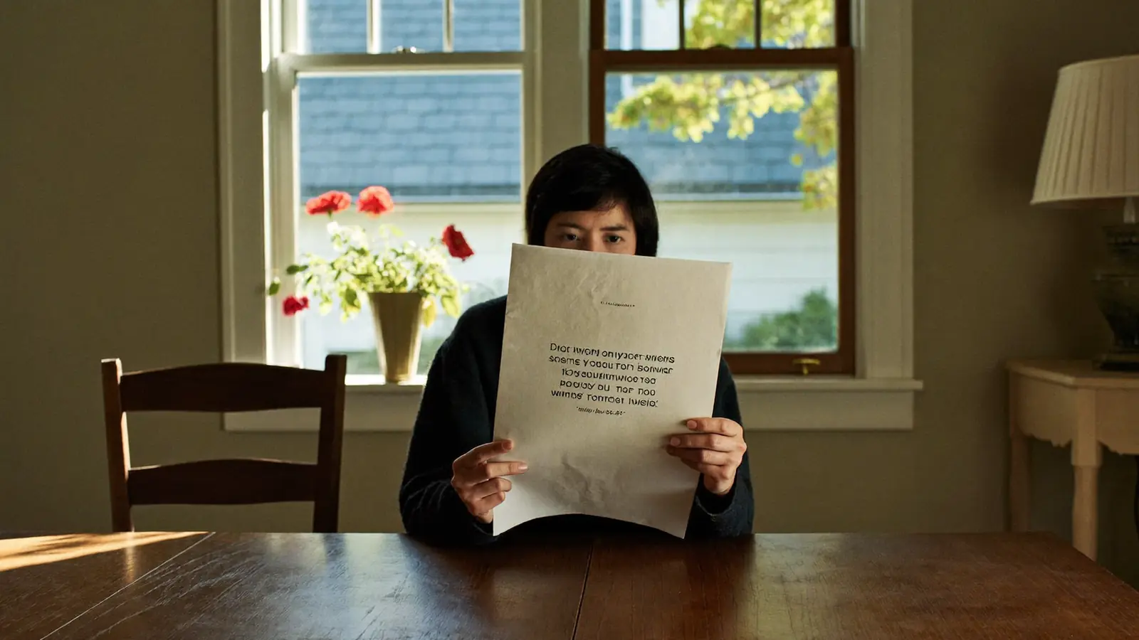 Homeowner reading through a printed window quote at a dining table