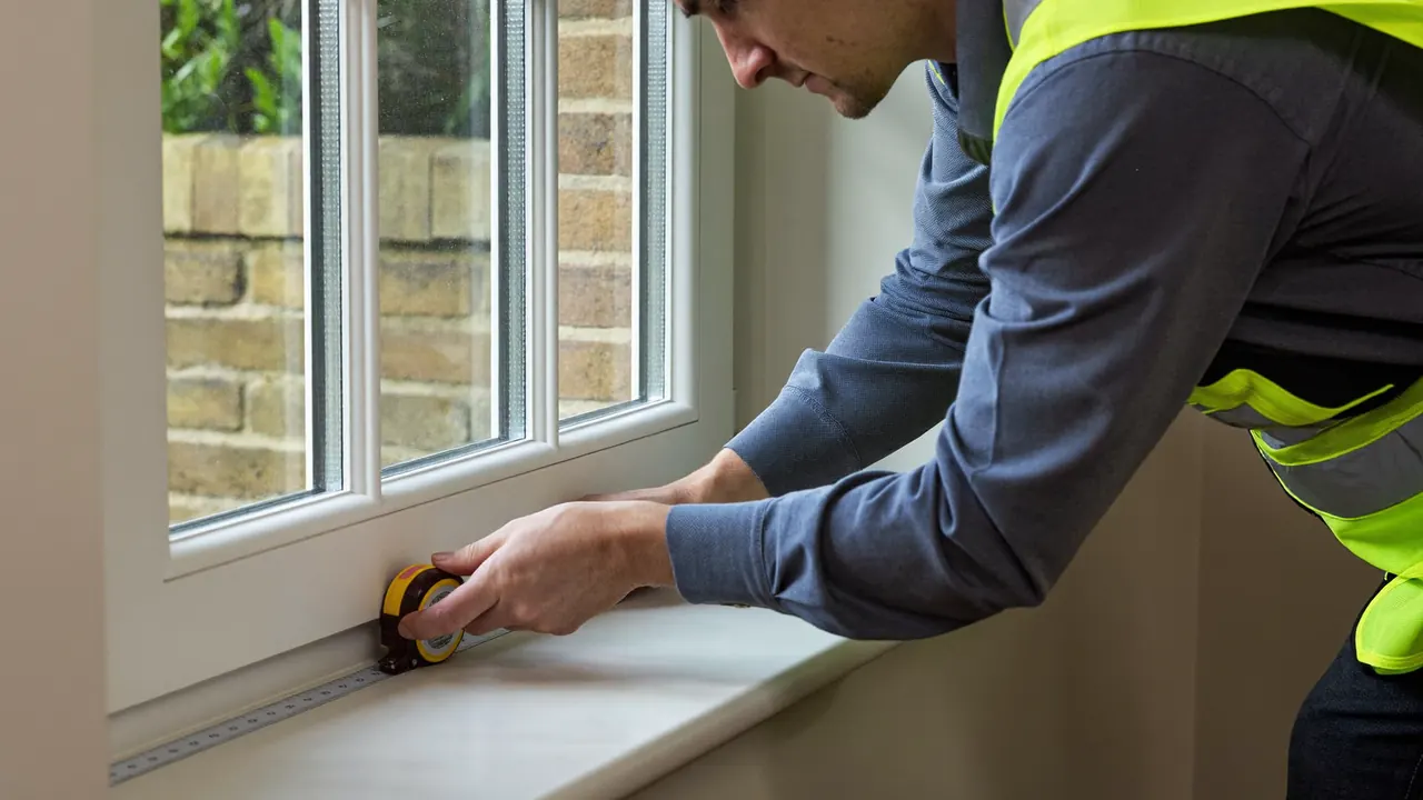 Surveyor measuring a bay window with a tape measure and notes