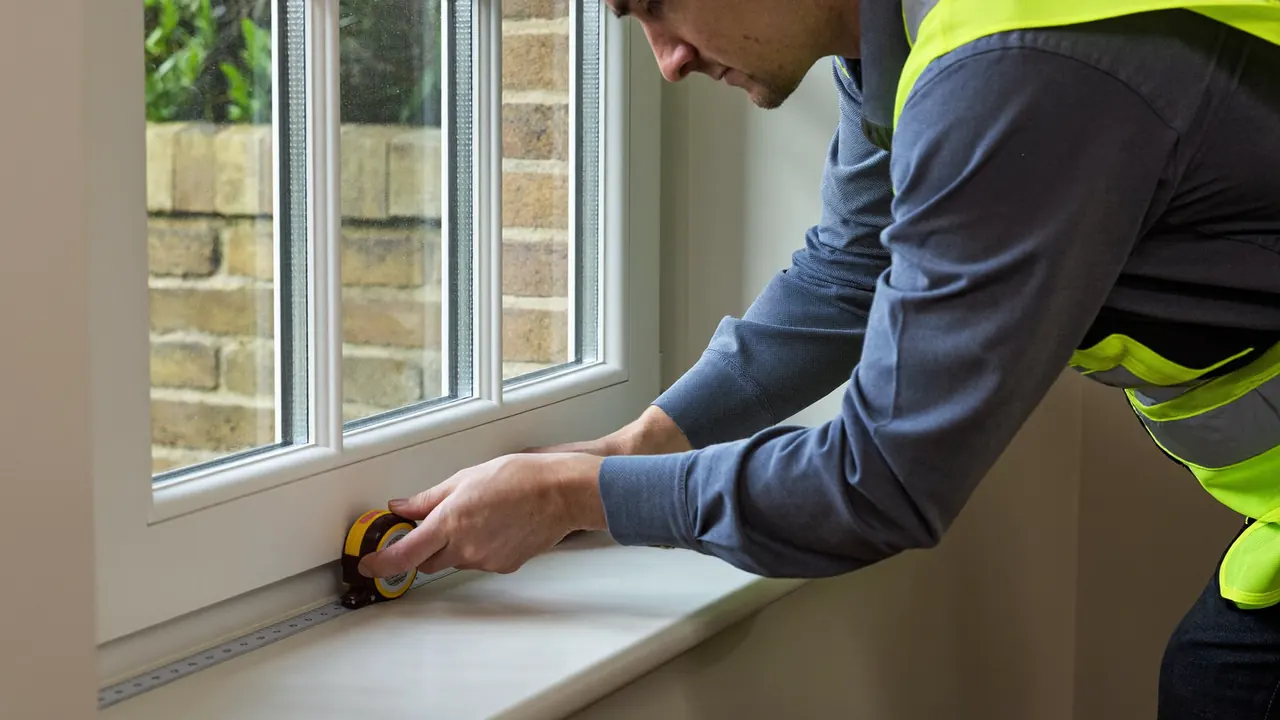 Surveyor measuring a window opening with a tape and clipboard
