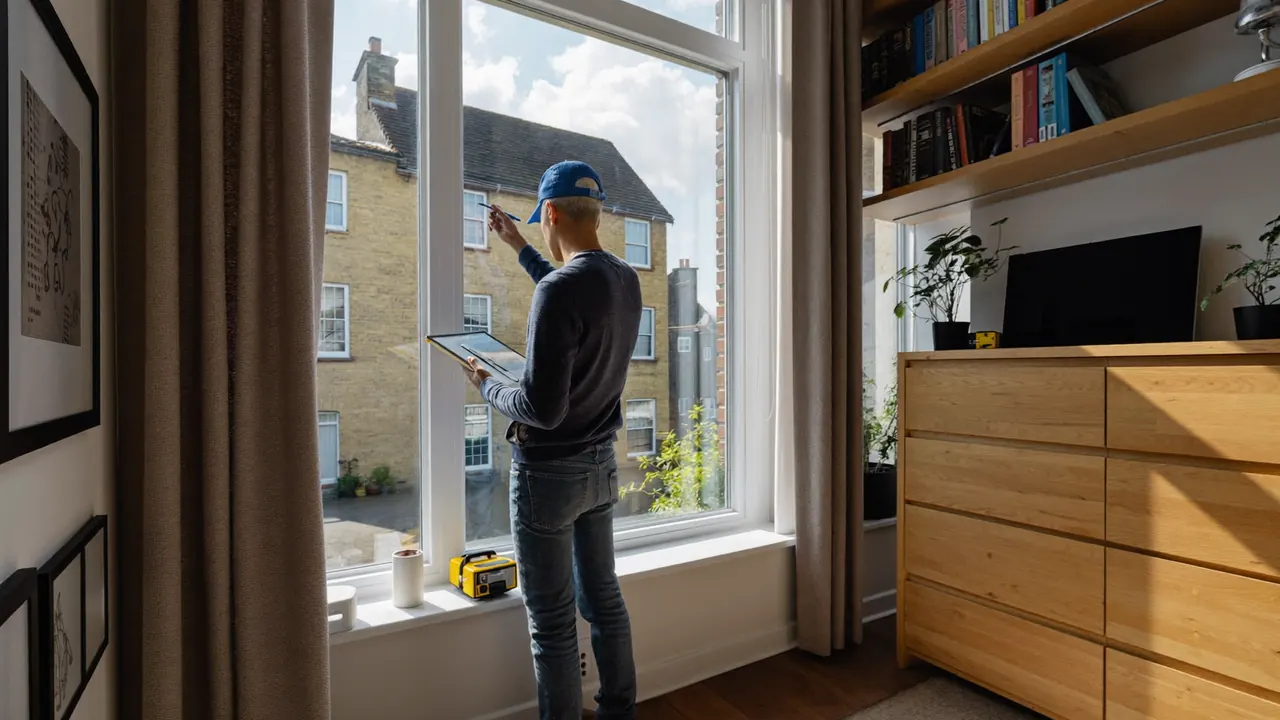 Surveyor noting window measurements on a tablet indoors