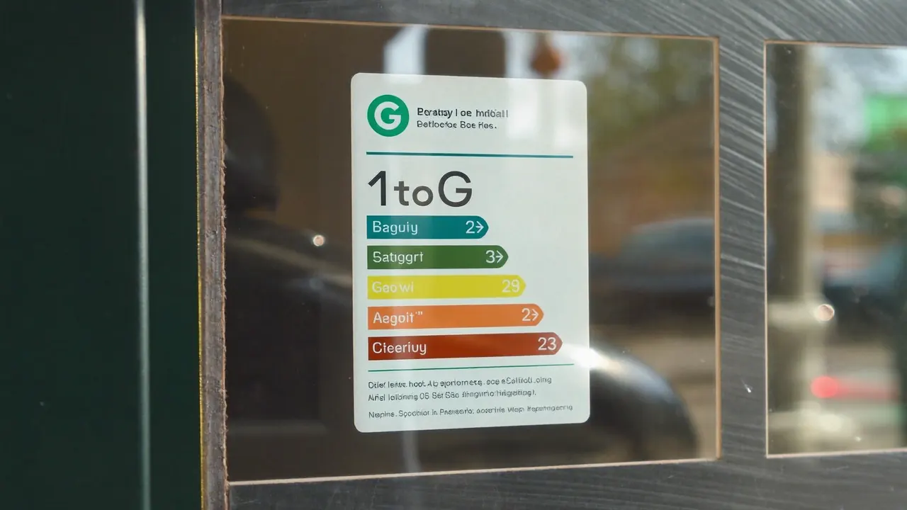 Energy rating label displayed on a new double-glazed window